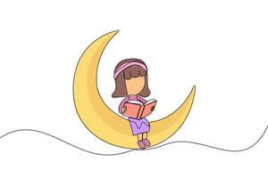 Continuous one line drawing girl sitting on crescent moon reading a book. Metaphor of reading a fairy story before sleeping. Read until late. Love reading. Single line draw design illustration vector