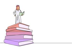 Single continuous line drawing Arab man standing on pile of books reading fiction story book. Intrigued by book series. Read anywhere to finish reading. Reading. One line design illustration vector