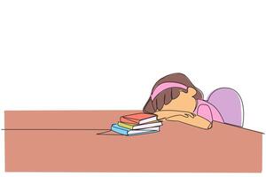 Single one line drawing girl asleep at the table where there were piles of books. Tired after successfully finishing the favorite reading book. Love read. Continuous line design graphic illustration vector