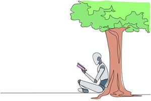 Continuous one line drawing robot sitting reading book under shady tree. Continuing second volume of the fiction story book. Enjoy reading. Book festival. Single line draw design illustration vector
