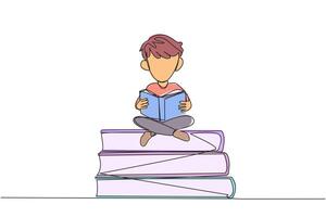 Single continuous line drawing boy sitting cross-legged on pile of large books. Reading comic. Reading textbook. Read scientific journals. Reading increase insight. One line design illustration vector