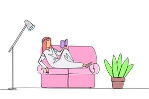 Single continuous line drawing Arabian man sitting stretched out on sofa reading book. Really like content of the book reading on each page. Impressive. Love read. One line design illustration vector