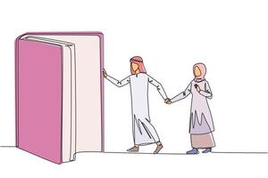 Single one line drawing Arab man woman open the book-shaped door. Books can open mind and see everywhere. Increase knowledge about the wider world. Book festival. Continuous line graphic illustration vector