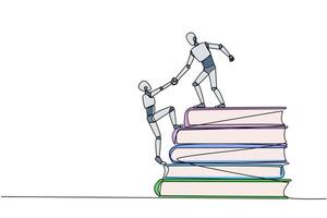 Single one line drawing robot help partner climb pile of books. Concept of helping each other to success together. Knowledge source book. Book festival. Continuous line design graphic illustration vector