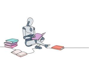 continuo uno línea dibujo robot sentado relajarse en biblioteca leyendo lote de libros. mirando para respuestas a asignaciones pasatiempo lectura. libro festival concepto. soltero línea dibujar diseño ilustración vector