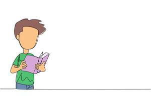 Single one line drawing boy focused on reading. Try to find answers to the tasks given. Seek more knowledge. Reading increases insight. Happy reading. Continuous line design graphic illustration vector
