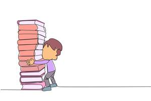 Continuous one line drawing boy hugging a very high pile of books. Hobby to collecting and reading books. Filling free time with useful things. Loving read. Single line draw design illustration vector