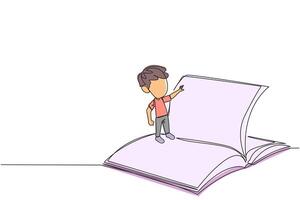 Single one line drawing boy standing over open ledger turning the pages. Read slowly to understand the contents of each page. Reading increases insight. Continuous line design graphic illustration vector