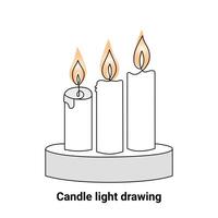 Continuous single-line candle drawing and one-line burning fire candle outline art illustration vector