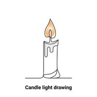 Continuous single-line candle drawing and one-line burning fire candle outline art illustration vector