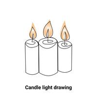 Continuous single-line candle drawing and one-line burning fire candle outline art illustration vector