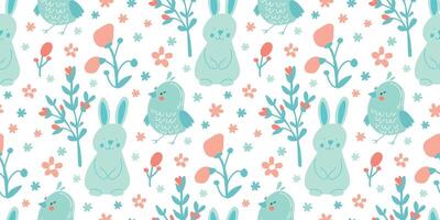 Seamless Floral Pattern with Bunnies and Birds. vector