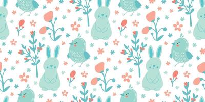 Seamless Floral Pattern with Bunnies and Birds. vector