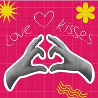 Halftone poster with hands and heart. Y2K style. Modern collage elements. Pop art vector