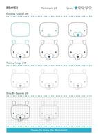 How to Draw Doodle Animal Beaver, Cartoon Character Step by Step Drawing Tutorial. Activity Worksheets For Kids vector