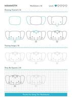 How to Draw Doodle Animal Mammoth, Cartoon Character Step by Step Drawing Tutorial. Activity Worksheets For Kids vector