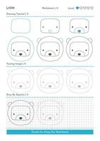 How to Draw Doodle Animal Lion, Cartoon Character Step by Step Drawing Tutorial. Activity Worksheets For Kids vector