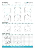 How to Draw Doodle Animal Caticorn, Cartoon Character Step by Step Drawing Tutorial. Activity Worksheets For Kids vector