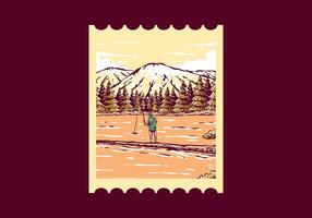 Vintage illustration of a man fishing on the lake with forest and mountain view vector