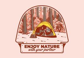 Camping in nature with partner. Vintage outdoor illustration vector