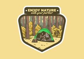 Camping in nature with partner. Vintage outdoor illustration vector