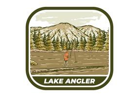 Vintage illustration of a man fishing on the lake with forest and mountain view vector