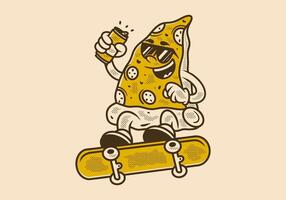 Retro illustration of pizza character jumping on skateboard vector