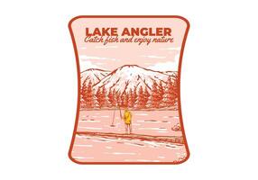 Vintage illustration of a man fishing on the lake with forest and mountain view vector