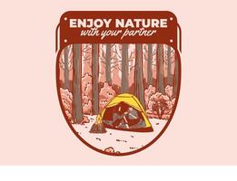 Camping in nature with partner. Vintage outdoor illustration vector