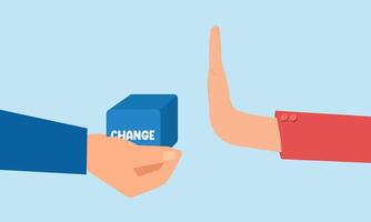 Fear of change, reluctance to leave comfort zone, resistance to risk or decision making, concept of Businessman's hand rejecting change or refusing to accept the transformation vector