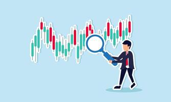 Analyzing stock market graphs, traders seek trend lines buy sell signals, aiming for profit in forex trading, concept of The investor holds a magnifier, scrutinizing an investment graph for analysis vector