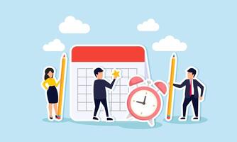 Team schedules and meetings, project planning and time management, all in one calendar, concept of Businessman and businesswoman coordinating schedules on shared calendar for efficient planning vector