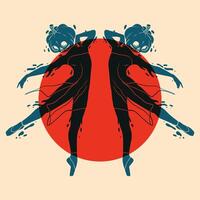 Silhouette of a ballerina, a dancer with a pumpkin instead of a head in a jump. Design element for Halloween, posters, prints for clothing, banners, covers, websites, social networks, logo. Risograph vector