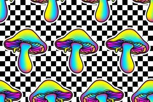 Trendy checkered backgrounds with bright psychedelic rainbow muchrooms. Graphic element for fabric, textile, clothing, wrapping paper, wallpaper, poster, cover, template vector