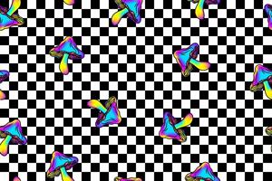 Trendy checkered backgrounds with bright psychedelic rainbow muchrooms. Graphic element for fabric, textile, clothing, wrapping paper, wallpaper, poster, cover, template vector