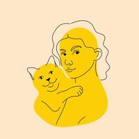 Girl with cat. Avatar, badge, poster, logo templates, print. illustration in doodle style with Riso print effect vector