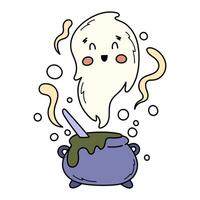 Cute happy ghost flies out of the witch cauldron. Spooky Halloween hand drawn illustration. Clipart for greeting cards, stickers and party decorations. vector