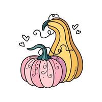 otoño calabazas linda mano dibujado ilustración. adorable kawaii doble composición. dibujos animados plano clipart para estacional saludo tarjetas, ropa huellas dactilares, pegatinas, embalaje. vector