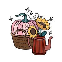 Autumn pumpkin in basket and sunflowers in vintage teapot. Cute hand drawn illustration. Adorable kawaii composition. cartoon flat clipart for seasonal greeting cards, stickers, packaging. vector