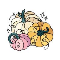 Autumn pumpkins cute hand drawn illustration. Adorable kawaii triple composition. cartoon flat clipart for seasonal greeting cards, clothing prints, stickers, packaging. vector