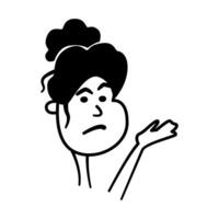 Simple black and white portrait of a confused young woman. Comic minimal icon with girl emotions. Feelings of dissatisfaction, surprise, suspicion. Funny cartoon face. Clipart for stickers design vector