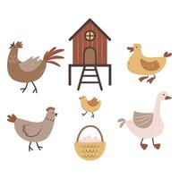 Cartoon set of poultry. A chicken coop and a basket with eggs. vector