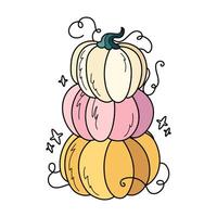 Tower of three pumpkins cute hand drawn illustration. Adorable kawaii autumn composition. cartoon flat clipart for seasonal greeting cards, clothing prints, stickers, packaging. vector