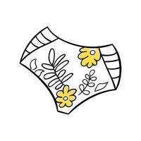 Beautiful women's bikini briefs. Cute summer swimsuit with floral print. An essential item for a beach holiday. Simple icon in boho style. Element for the design of stickers, packaging, posters, signs vector