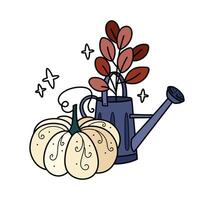 Autumn pumpkin and red leaves in watering can. Cute hand drawn illustration. Adorable kawaii composition. cartoon flat clipart for seasonal greeting cards, prints, stickers, packaging. vector