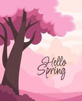 Beautiful spring landscape in cartoon flat style. Hello spring inscription vector