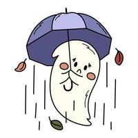 Cute sad ghost with an umbrella in the rain. Spooky Halloween hand drawn illustration. Clipart for greeting cards, stickers and party decorations. vector