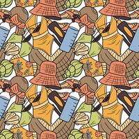 Crazy summer seamless pattern. Items for vacation. vector