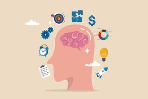 Genius or expert to develop or learning new skills, brainstorming, knowledge or wisdom, competence or intelligence to improve capability concept, human brain with success business management elements. vector