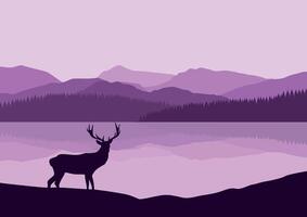 Lobos por el lago y montañas. ilustración en plano estilo. vector